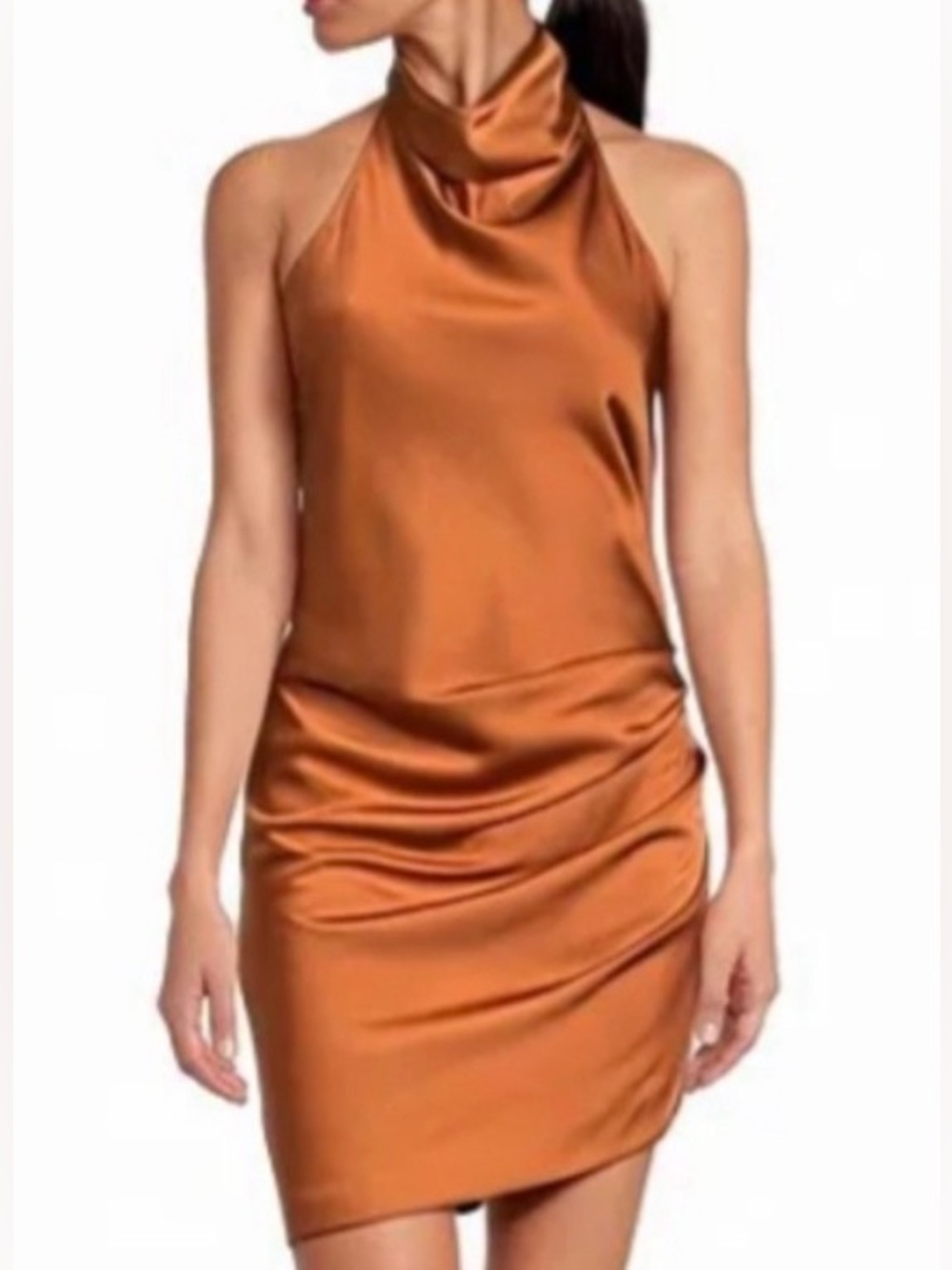 Gianni Gino Peyton Ruched Satin Open Back Halter Neck Mini Dress ~ Copper NWT
